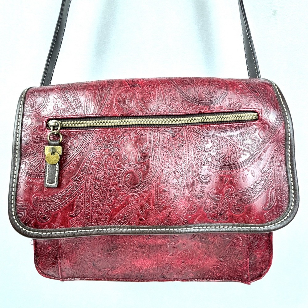 Relic Red Brown Embossed Paisley Crossbody Shoulder Bag Vegan Faux Leather Boho